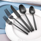 DEACORY Silverware Set with Serving Utensil Set Matte Black Flatware Set Hand Forged Stainless Steel Cutlery Set 45 Pieces Matte Finished Hexagon Handle Service for 8