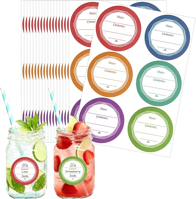 108 PCS Multicolored Mason Jar Label Stickers, Removable Waterproof & Oil Resistant, All-Purpose Adhesive Stickers for Glass Canning Jars, Spice Jars, Jam/Jelly Containers, Kitchen & Home Organization