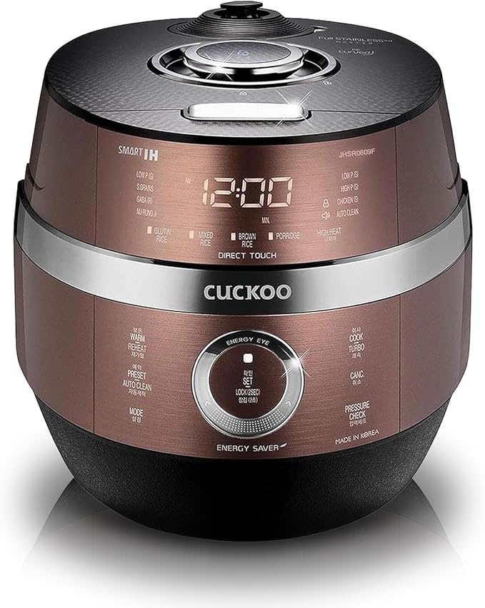 CUCKOO CRP-JHR0609F 6-Cup (Uncooked) / 12-Cup (Cooked) Induction Heating Pressure Rice Cooker with Nonstick Inner Pot, 16 Menu Options, Fuzzy Logic Tech, 3 Voice Guide, Auto Clean (Copper/Black)