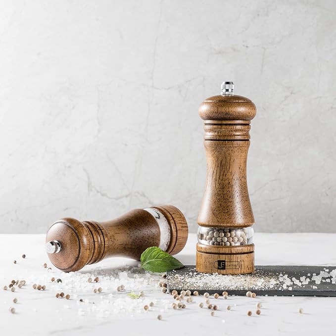 Wooden Salt and Pepper Grinder Set, 6.5 inch Rubber Wood Salt and Pepper Mills Set of 2 with Acrylic Visible Window & Adjustable Ceramic Rotor