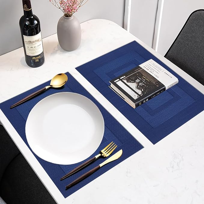 PIGCHCY Placemats Set of 8 Washable Durable Place Mats Vinyl Heat Resistant Non-Slip Table Mats Indoor Outdoor (Navy Blue)