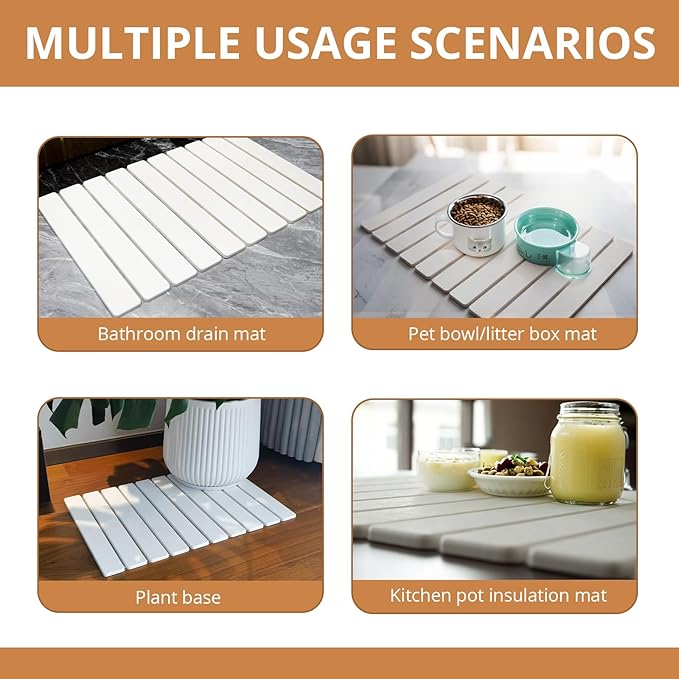 Large Stone Dish Drying Mat for Kitchen Counter, 24"×16" Quick Dry Collapsible Diatomaceous Earth Mat – Super Absorbent Foldable Drying Pad for Dishes (White, 23.2" x 15.4")