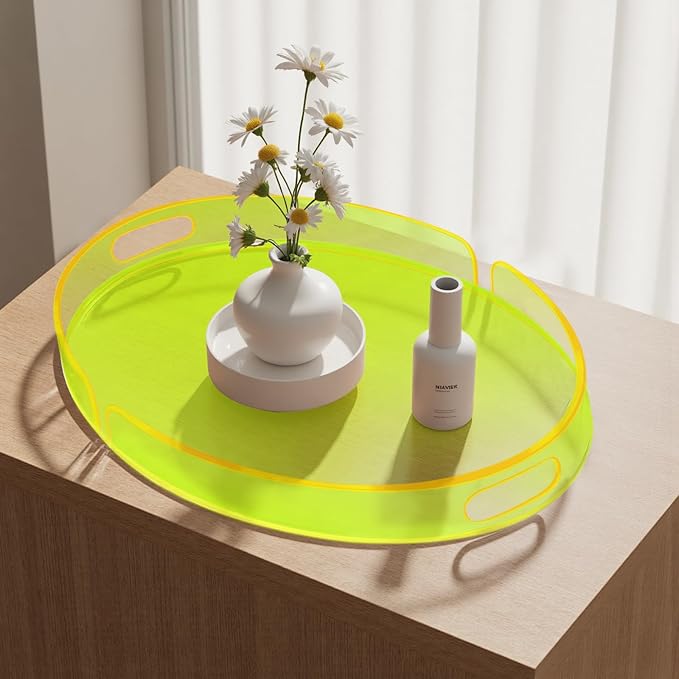 Acrylic Serving Tray with Handles Large Decorative Ottoman Tray 17x13'' Round for Bathroom Food Coffee Fruit Snack Tea Dinner Living Room, Neon Green