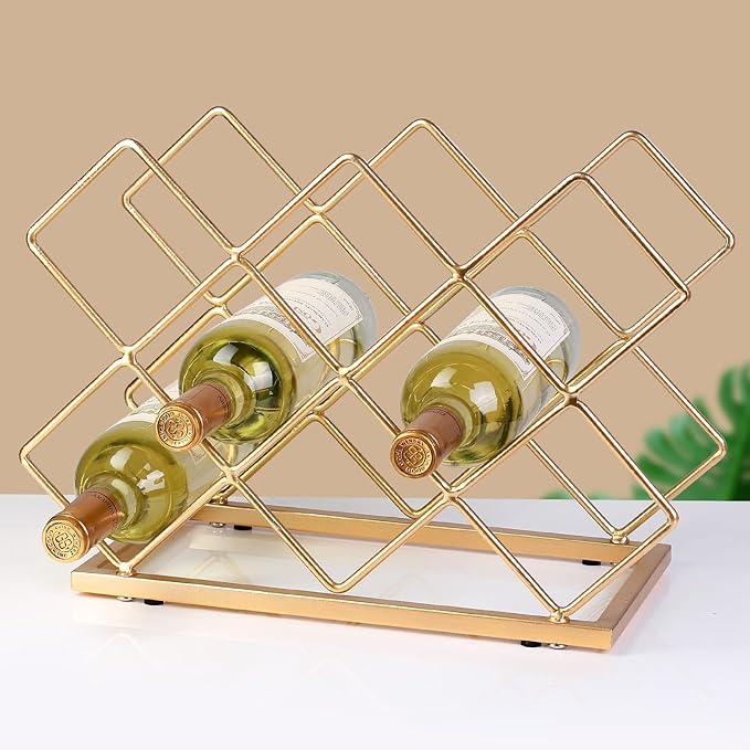 Countertop Wine Rack - 10 Bottle Freestanding Modern Gold Metal Small Wine Rack - Tabletop Wine Holder Stand for Cabinet, Pantry, Wine Bottle Storage…