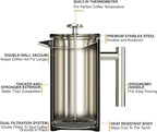 Barista Warrior French Press with Thermometer - Insulated Coffee Press - Stainless Steel Coffee Maker (1.0L, 34 fl oz, Gray)