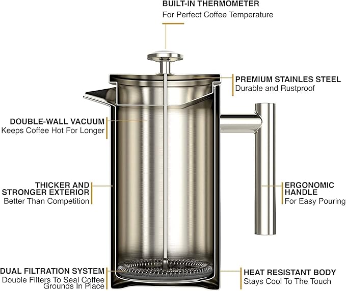 Barista Warrior French Press with Thermometer - Insulated Coffee Press - Stainless Steel Coffee Maker (1.0L | 34 fl oz) (White)
