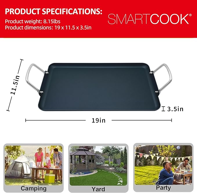11pcs 19Inch Nonstick Taco Griddle Pan, Rectangular Cast Iron Griddle, Comales para Tortillas Cooking Pan for Stove Tops | 2 - Burner, Detachable Handles | Stove/Outdoor/Camping