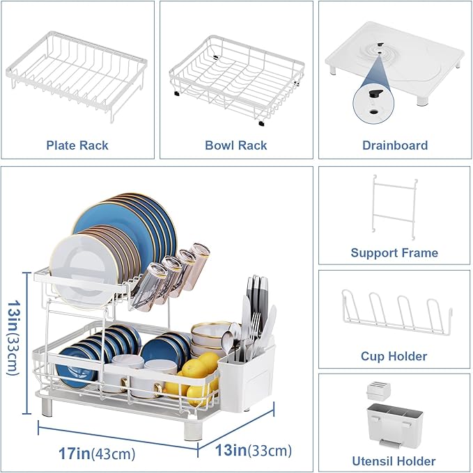 MOUKABAL Dish Drying Rack, 2 Tier Dish Rack, Large Dish Racks for Kitchen Counter, Dish Drainer with Removable Utensil Holder, Drainboard (White)
