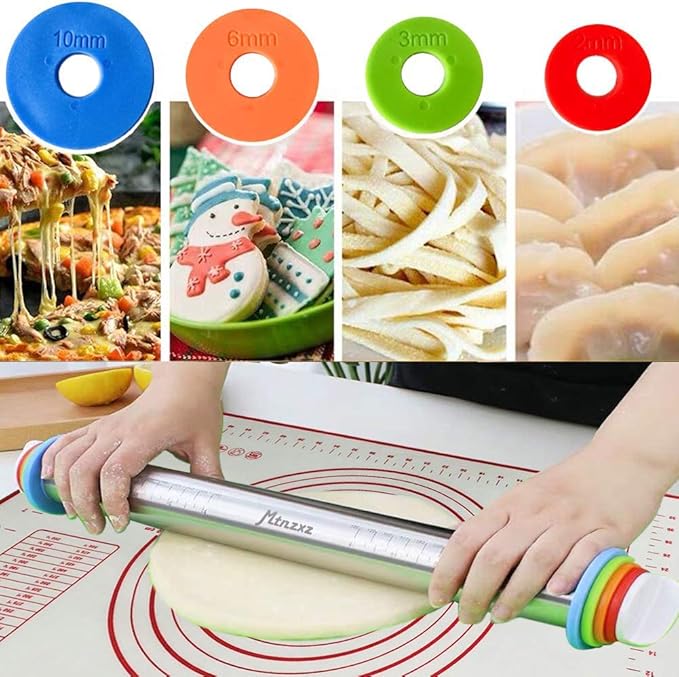 Rolling Pin and Silicone Baking Pastry Mat Set, Stainless Steel Dough Roller, Rolling Pins with Adjustable Thickness Rings, for Baking Fondant, Pizza, Pie, Pastries, Pasta, Cookies