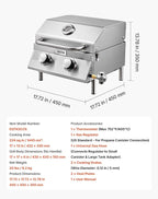 VEVOR Tabletop Gas Grill, 2-Burner Stainless Steel Portable Propane Grill, with Built-in Thermometer, Travel Locks, Weatherproof Lid, 15,000 BTU Total, for Outdoor Cooking, Patio, Party, Camping, RV