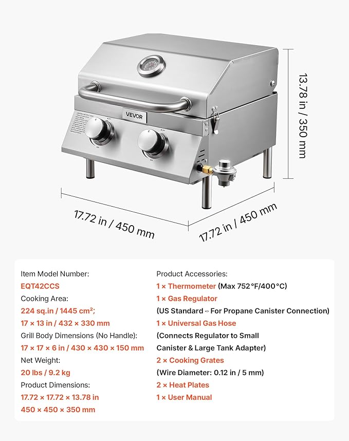 VEVOR Tabletop Gas Grill, 2-Burner Stainless Steel Portable Propane Grill, with Built-in Thermometer, Travel Locks, Weatherproof Lid, 15,000 BTU Total, for Outdoor Cooking, Patio, Party, Camping, RV