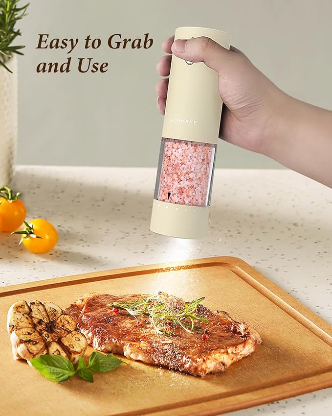 Electric Salt and Pepper Grinder Set - Automatic Refillable Salt and Pepper Grinders with Charging Base & LED Light, 6-Level Adjustable Coarseness with External Dial, Ideal Kitchen Gadget，Beige