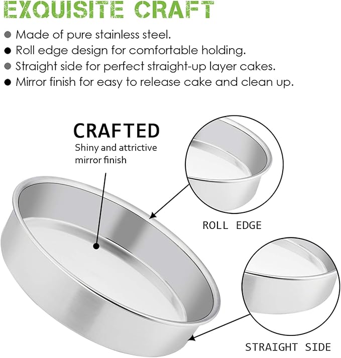 E-far 9½ Inch Cake Pan Set of 3, Stainless Steel Round Cake Baking Pans, Non-Toxic & Healthy, Mirror Finish & Dishwasher Safe