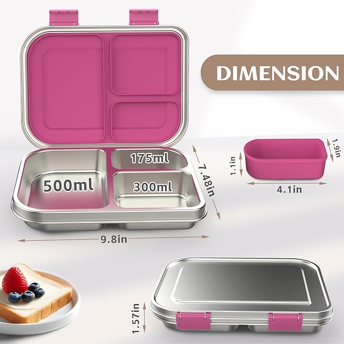 Stainless Steel Bento Box Kids, 3 Compartments Leak Proof Metal Bento Lunch Box, 304 Stainless Steel Bento Lunch Containers for School and Office,Dishwasher Safe, BPA-Free-Pink