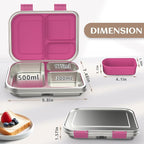 Stainless Steel Bento Box Kids, 3 Compartments Leak Proof Metal Bento Lunch Box, 304 Stainless Steel Bento Lunch Containers for School and Office,Dishwasher Safe, BPA-Free-Pink