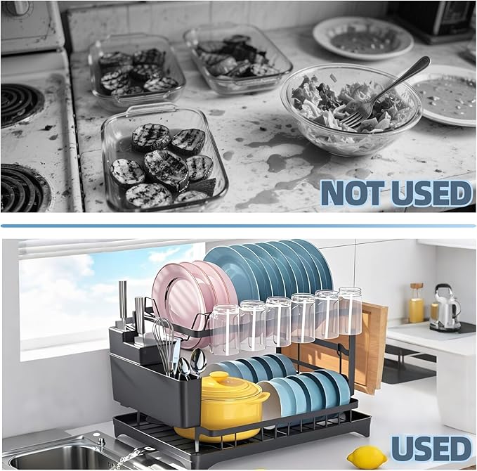 Dish Drying Rack, Stainless Steel Dish Rack, 2-Tier Kitchen Organizers for Dishes, Knives, Cups, Cutting Boards, Detachable Large Capacity Dish Drainer Organizer & Space-Saving Utensil Holder