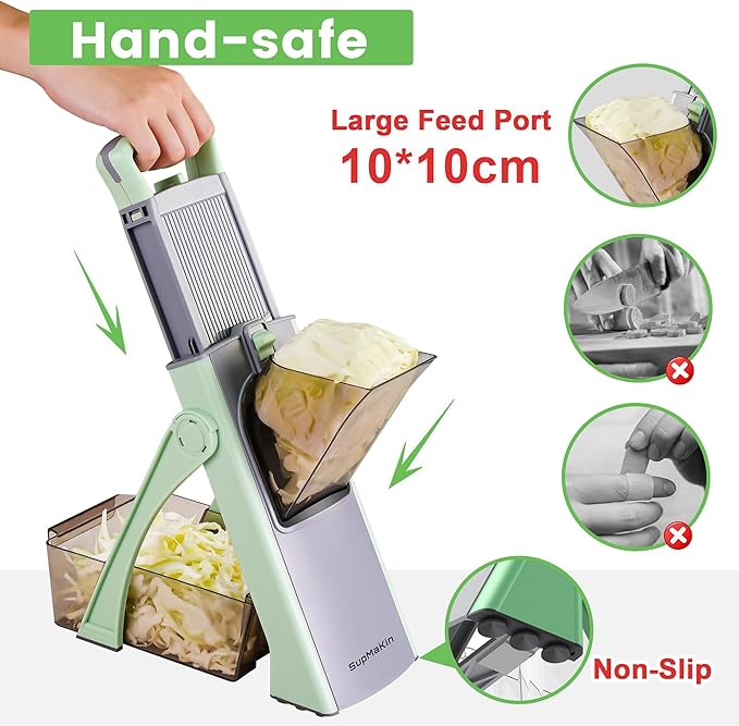 Upgrade Safe Mandoline Slicer for Kitchen, SupMaKin Bigger Entrance Vegetable Food Slice Potato Slicer Chopper, Adjustable Thickness Multi Mandolin, Julienne + Dicer Kitchen Must Haves Green