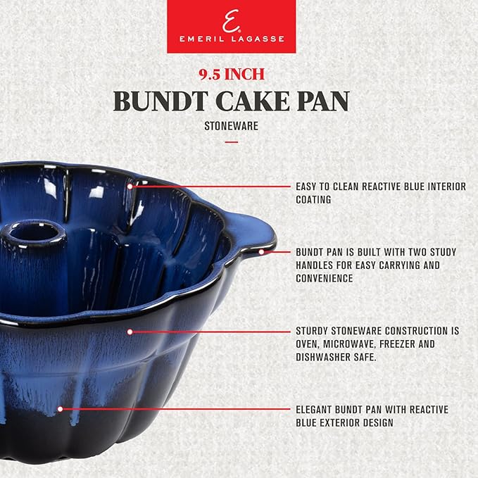 Emeril Lagasse Bundt Cake Pan Stoneware 9.5 in – Pound Cake Baking Pan, Perfect for Baking Delicious Bundt Cakes!