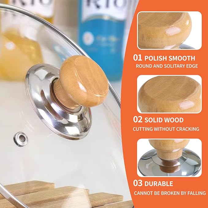 3 Pac Pot Lid Wood Knob, Universal Pot Lid Replacement Knobs,tempered glass pot lid pan cover with wood knob kitchen cooking-Great for Slow Cookers, Skillets and Kitchen Cookware Covers,