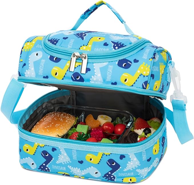 Insulated Kids Dual Compartment Lunch Bags Tote for Girls Boys Toddler Lunch Boxes Pre-School Toddler Kindergarten Picnic Camp Food Cooler Thermal with Strap (Blue Dinos)