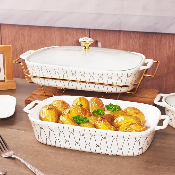 10" x 7" Ceramic Casserole Dish with Glass Lid, 1.3 QT Serving Soup Tureen,Chafing Dish for Buffet, Family Food preserve Tray, Catering Casserole for Party Style