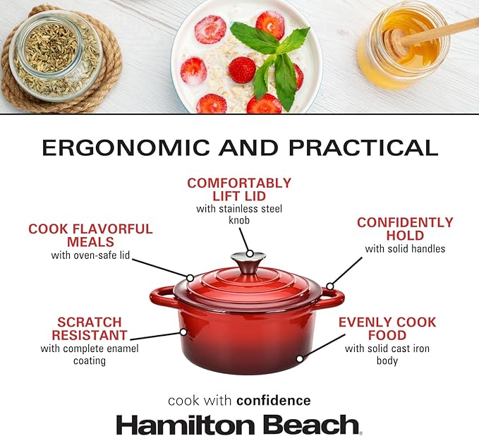 Hamilton Beach 3-Quart Enameled Cast Iron Dutch Oven with Lid | Heavy-Duty Pot for Braising, Roasting & Baking | Red