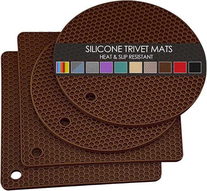 4 Pack Silicone Trivet Mats, Heat Resistant Silicone Hot Pot Holders Hot Pads for Kitchen Countertop, Non-Slip Brown Trivets for Pots and Pans, Hot Plate Mat Coffee Trivet Food Grade Silicone Mat