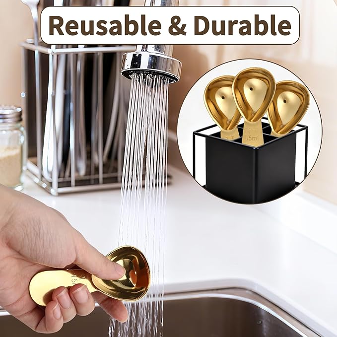 3PCS Tablespoon Measuring Spoon Stainless Steel, Metal Coffee Measuring Spoon Coffee Bean Scoop Short Handle Tablespoon Scoop for Powder Milk Tea Sugar Juice Olive Oil Kitchen Gifts, 15 ml Gold