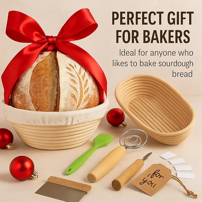 Sourdough Kit – Bread Making Kit with 9" Round & 10" Oval Banneton Bread Proofing Baskets, Dough Whisk, Scoring Tool, Metal Scraper, Silicone Brush, Liners – Sourdough Bread Baking Supplies Set