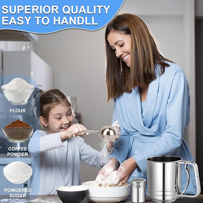 Flour Sifter Stainless Steel,5 Cup Flour Sifter for Baking,3 in1 Sifter for Baking with Powdered Sugar Shaker Duster, Flour Shaker Duster for Baking Cakes, Pastries, Pies, Cupcakes and Desserts