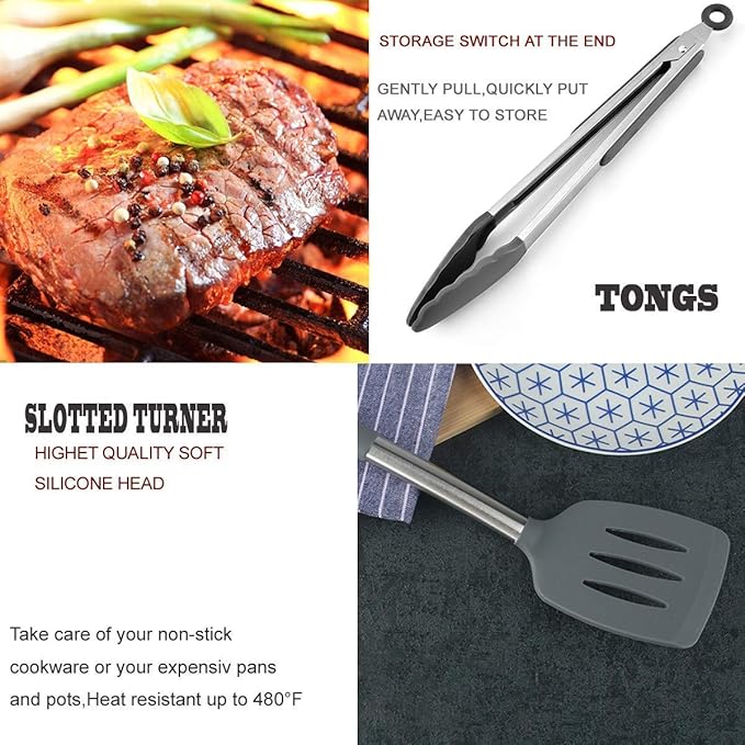 Silicone Kitchen Cooking Utensils Set with Stainless Steel Handle, Spatula Set Utensil Set, Cooking Utensil Set,Kitchen Tools Gadgets for Nonstick Cookware (11, Gray)