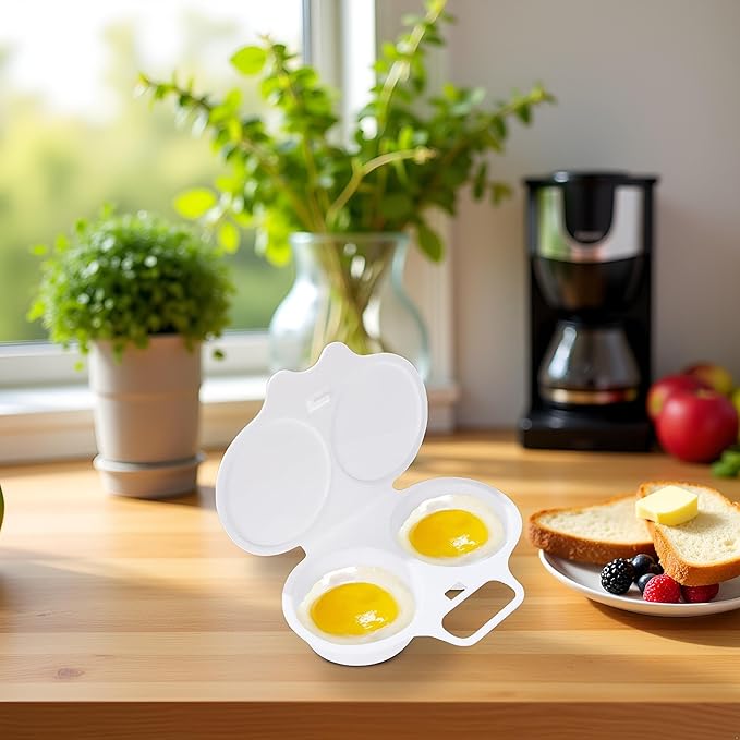 2-Cavity Nonstick Microwave Egg Poacher with Lid -White Plastic Egg Cooker for Perfect Poached Eggs