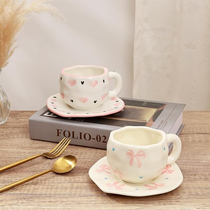 Koythin Ceramic Coffee Mug with Saucer Set, Cute Sweet and Cool Love Cup Unique for Office and Home, 10 oz/300 ml for Latte Tea Milk