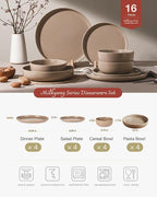 Famiware Milkyway Stoneware Dinnerware Sets with Pasta Bowls, Service for 4 (16 Pieces), Plates and Bowls Sets -Scratch Resistant, Microwave and Dishwasher Safe Dishes Set, Cinnamon Brown