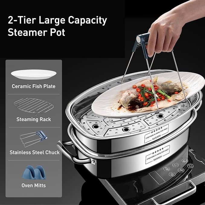Eglaf 2-Tier Stainless Steel Fish Steamer - Multi-Use Square Steaming Cookware with Rack, Ceramic Plate, Chuck, Oven Mitts - Stockpot for Steaming Fish, Boiling Soup