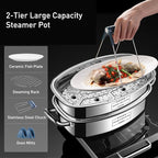 Eglaf 2-Tier Stainless Steel Fish Steamer - Multi-Use Square Steaming Cookware with Rack, Ceramic Plate, Chuck, Oven Mitts - Stockpot for Steaming Fish, Boiling Soup