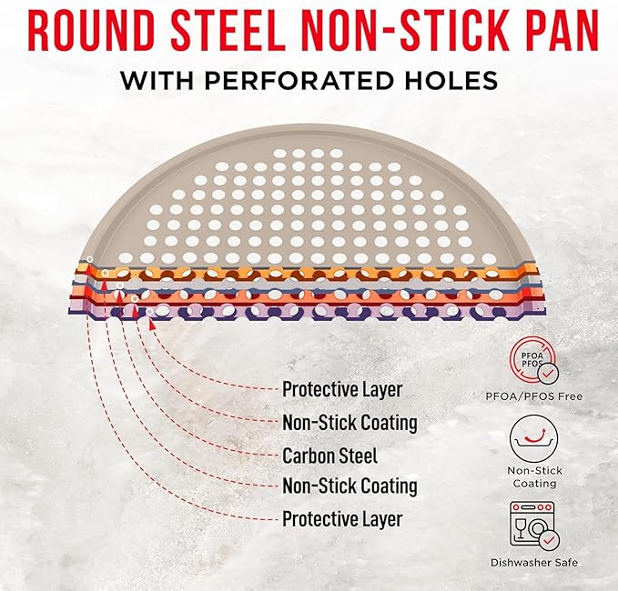 Non-Stick Pizza Pan 2 Pack, 13 Inch Round Carbon Steel Pizza Tray with Perforated Holes for Crispy Crust, PFOAPFOSPTFE Free, Dishwasher & Oven Safe Up To 450°F, Durable Nonstick White Marble Coating