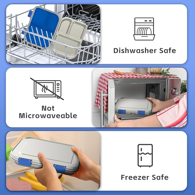 Stainless Steel Kids Leak-Resistant Bento Lunch Box, 3-Compartments with Silicone Container, Dishwasher-Safe, Child-Friendly Design for School, Picnics & Travel,BPA-Free (Blue)