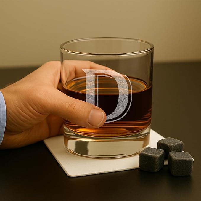 Monogrammed Gifts for Men - 4PC 11 Oz Custom Whiskey Glasses (D-Monogram) - Engraved Whiskey Glasses - Personalized Rocks Glasses - Unique Bourbon Glasses - Personalized Glass Gifts for Dad
