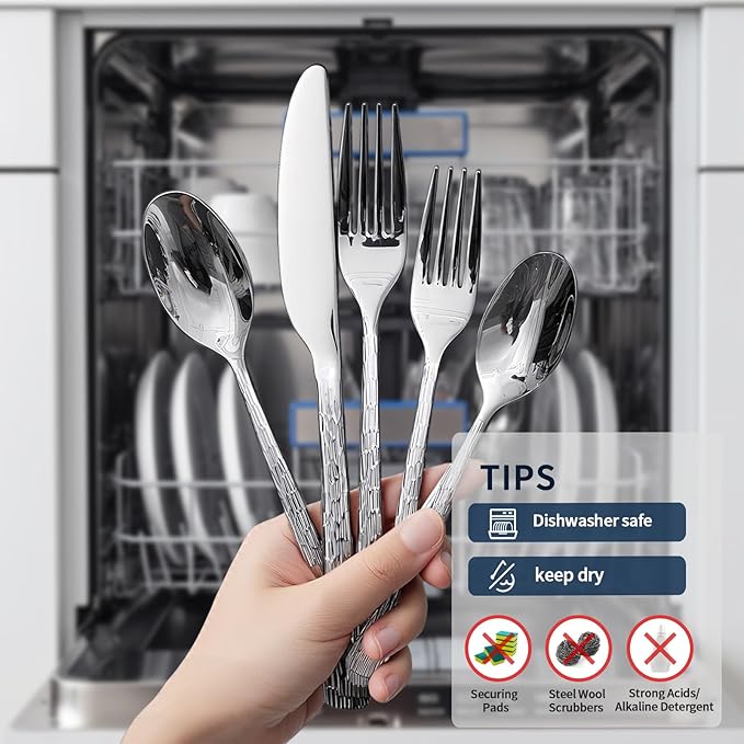 20-Piece Hammered Silverware Set, Food-Grade Stainless Steel Spoons and Forks Set, Heavy Duty Flatware Cutlery Set with Ripple Handles Design, Mirror Polished,Dishwasher Safe