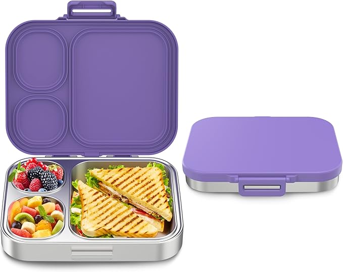 Stainless Steel Bento Box Kids, Leak Proof Metal Bento Lunch Box,3 Compartments 304 Stainless Steel Bento Lunch Containers for School and Office,Dishwasher Safe, BPA-Free(Purple)