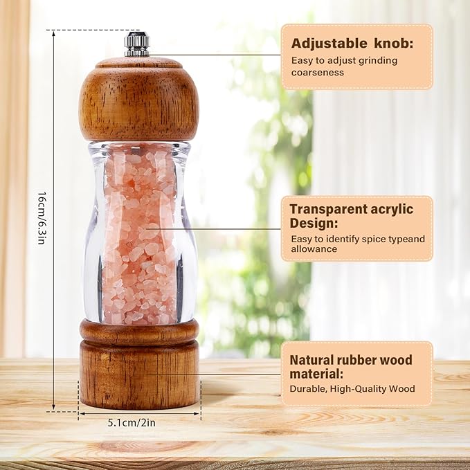 2 Pcs Vintage Wooden Pepper Mill Grinder Set with Base - 6.3 inches Acrylic Salt & Pepper Shakers with Adjustable Coarseness, Refillable Manual Ceramic Core Grinder for Kitchen, Home, Gift