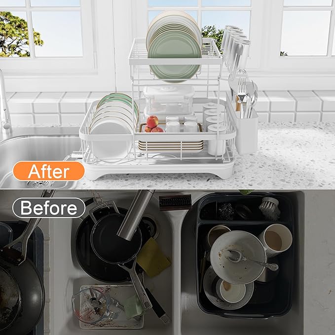 Dish Drying Rack - Auto Draining Dish Rack for Kitchen Counter, Large Capacity Dish Drainers Organizer with Drainboard, 2-Tier Drying Rack with Utensil Holder White