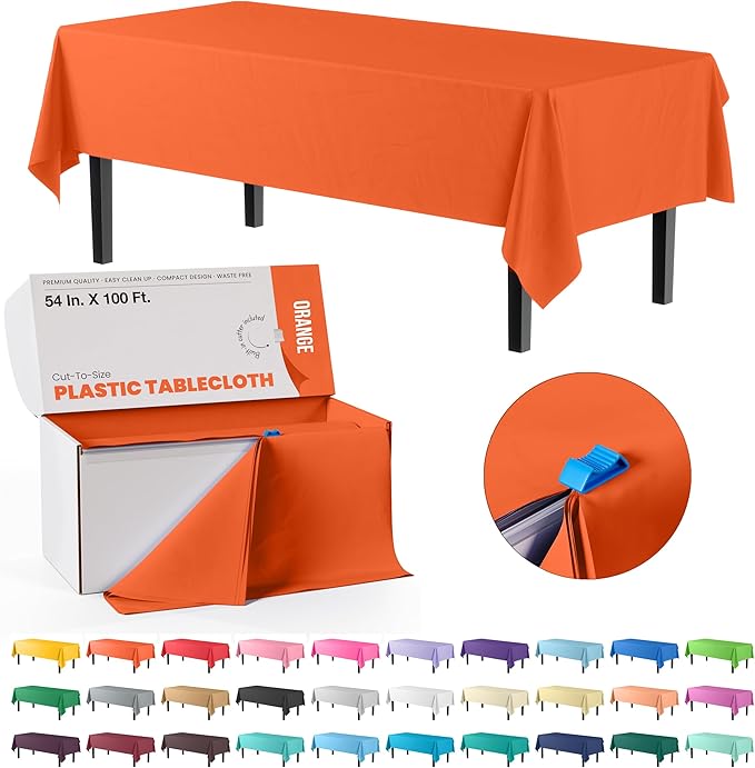 Exquisite Party Solids 54 Inch X 100 Feet Orange Plastic Table Cover Roll in A Cut - to - Size Box with Convenient Slide Cutter. Cuts Up to 12 Rectangle 8 Feet Plastic Disposable Tablecloths