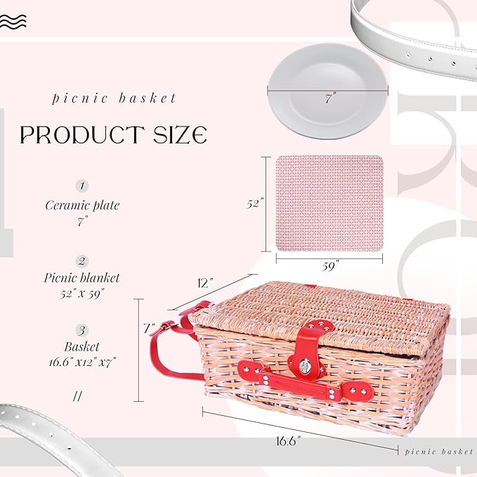 Picnic Basket Set for 4 with Waterproof Blanket Mat Insulation Bag Wicker Floral Pink Red Love Plaid Cute Kawaii Gift for Wedding Birthday Summer Camp Outdoor Camping Beach Travel Christmas