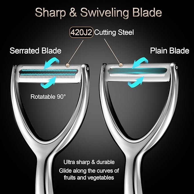 Vegetable Peeler Stainless Steel, Premium Potato Peelers for Kitchen, Ultra Sharp Veggie Fruit Peeler, Carrot Peeler Ergonomic Non-Slip Handle Y Peelers - 5 Years Warranty (Serrated + Plain)