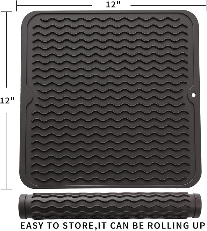 Silicone Dish Drying Mat for Multiple Usage,Easy clean,Eco-friendly,Heat-resistant Silicone Mat for Kitchen Counter or Sink,Refrigerator or Drawer liner Coffee M 12 inches x 12 inches