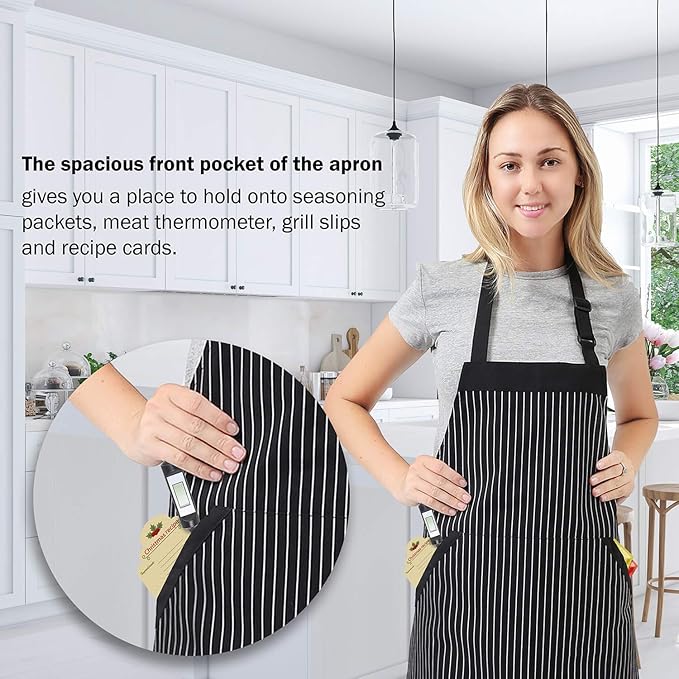 HOMWE Adjustable Bib Cotton Aprons - Adjustable Neck Strap with Extra Long Ties with 2 Pockets for Cooking, Commercial Grade Water Resistant Apron for Women & Men - Black/White Pinstripe 33x27 Inches
