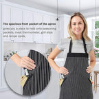 HOMWE Adjustable Bib Cotton Aprons - Adjustable Neck Strap with Extra Long Ties with 2 Pockets for Cooking, Commercial Grade Water Resistant Apron for Women & Men - Black/White Pinstripe 33x27 Inches