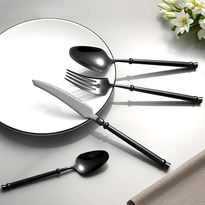 Black Silverware Set for 4 Unique 18/10 Stainless Steel 16 Piece Flatware Sets Mirror Polished Elegant Cutlery Utensils Set for Home Kitchen Dishwasher Safe Nice Weight